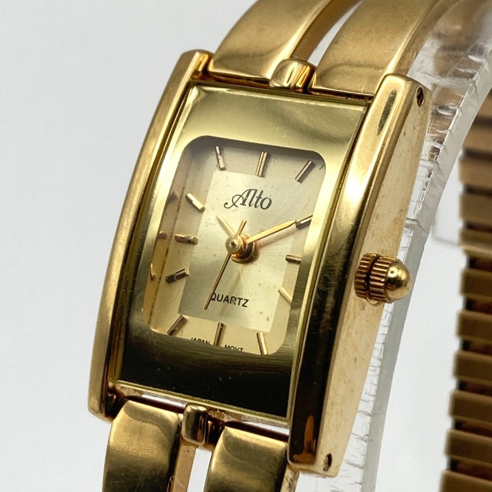 Vintage Alto Womens Watch Gold Tone 19mm Stretch Band Tank New Battery SMALL 6"